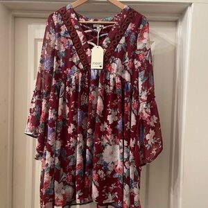 JODIFL Red Bell Sleeve Ruffled Blouse